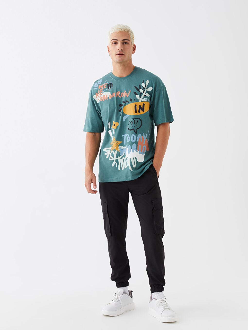 Yeşil Bisiklet Yaka Kısa Kollu Baskılı Penye Erkek Tişört-1