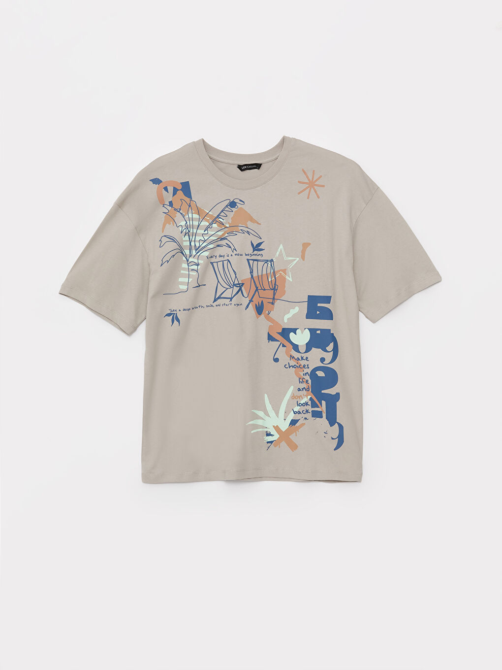 Bej Bisiklet Yaka Kısa Kollu Baskılı Penye Erkek Tişört-5