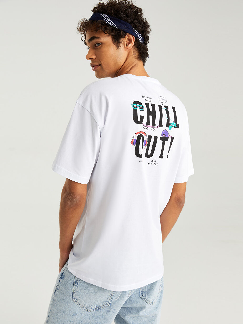 14-18 Beyaz Bisiklet Yaka Baskılı Kısa Kollu Unisex Tişört