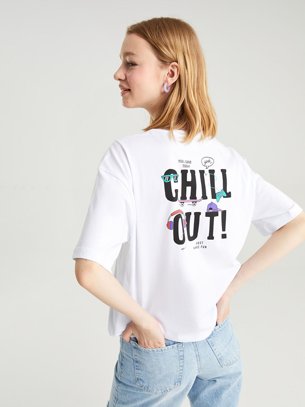 14-18 Beyaz Bisiklet Yaka Baskılı Kısa Kollu Unisex Tişört - 1
