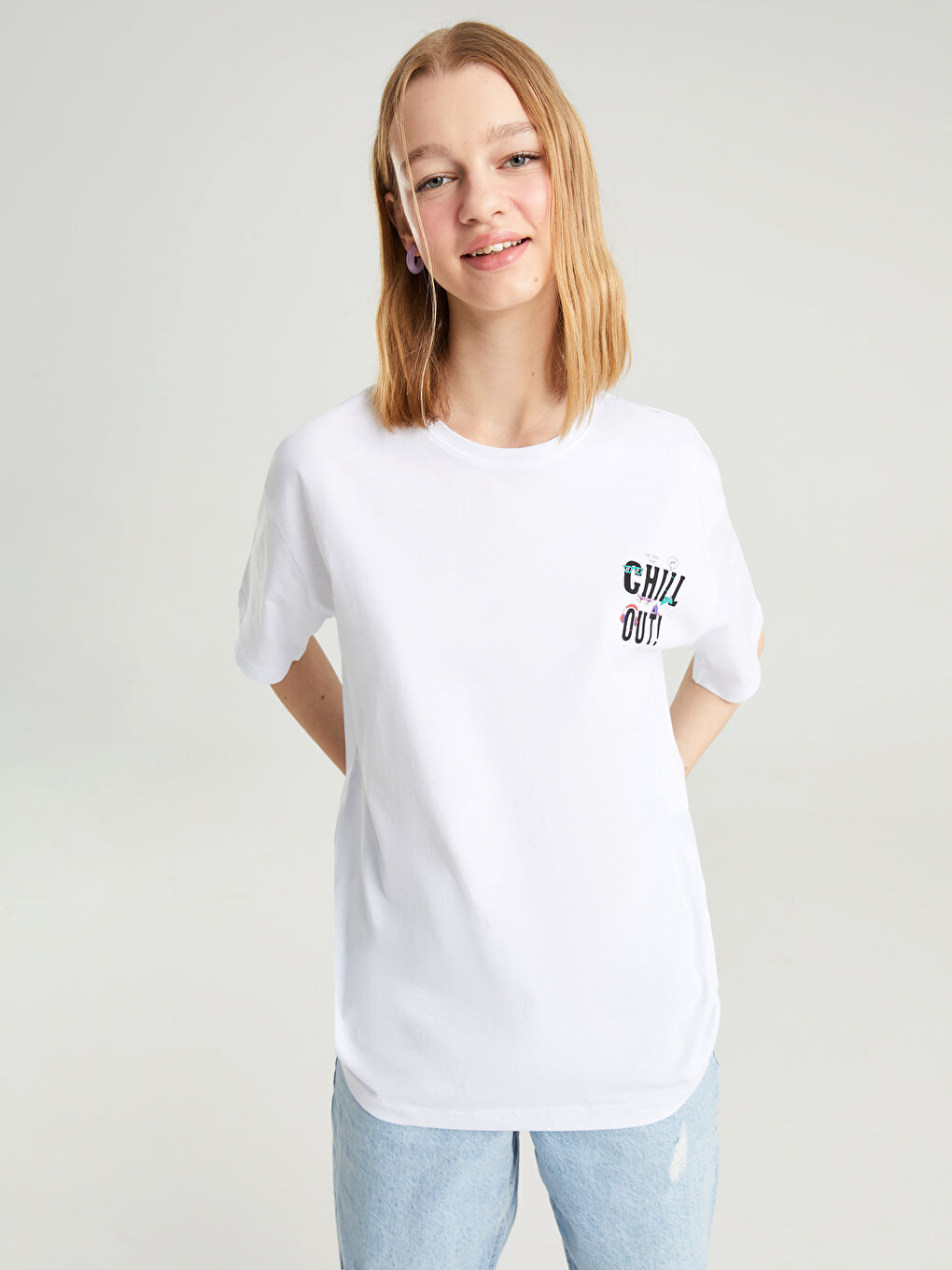 14-18 Beyaz Bisiklet Yaka Baskılı Kısa Kollu Unisex Tişört - 3