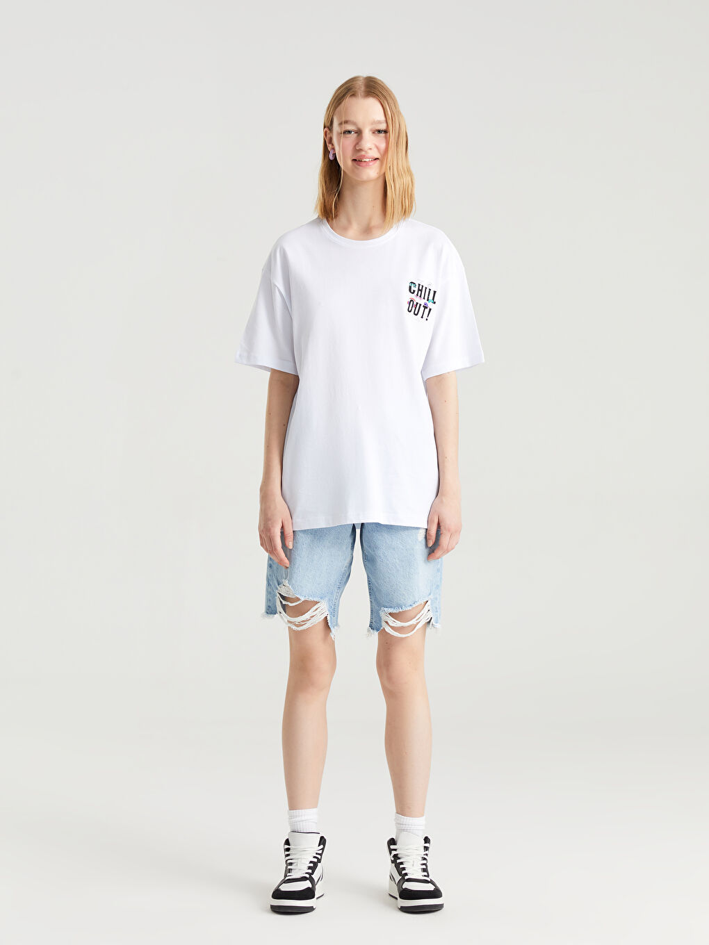 14-18 Beyaz Bisiklet Yaka Baskılı Kısa Kollu Unisex Tişört - 5