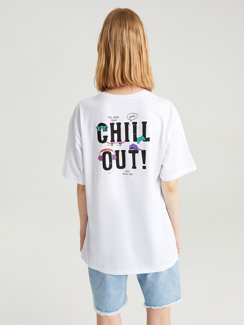 14-18 Beyaz Bisiklet Yaka Baskılı Kısa Kollu Unisex Tişört - 8