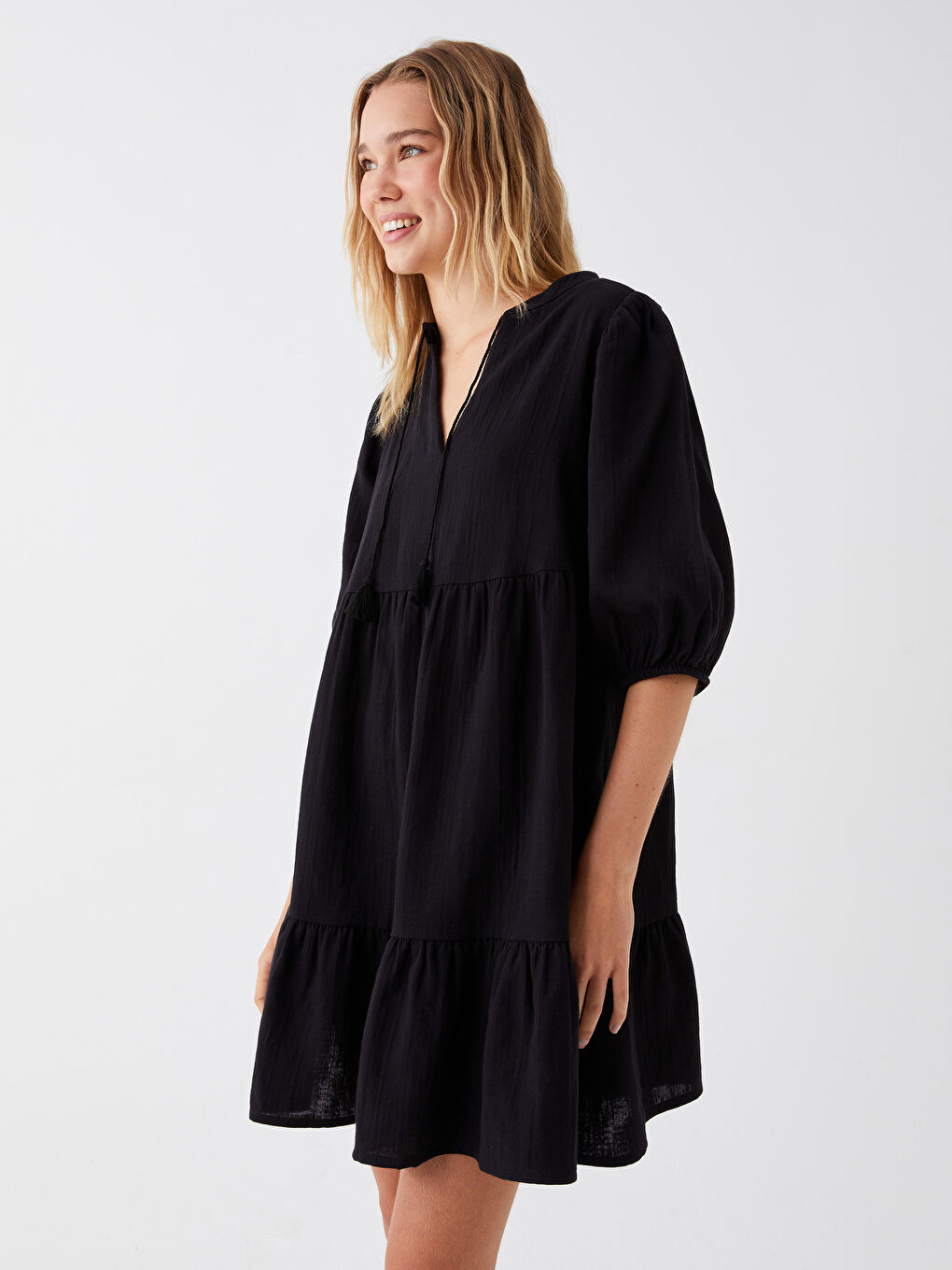 Tie Collar Plain Balloon Sleeve Women's Dress -S3KC01Z8-RQL