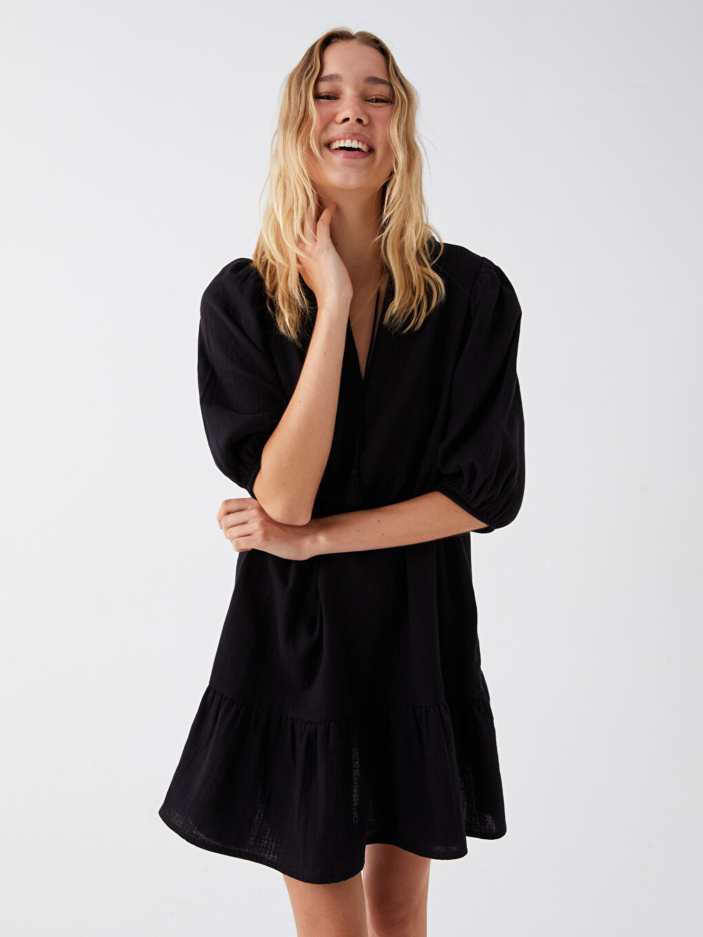 Tie Collar Plain Balloon Sleeve Women's Dress -S3KC01Z8-RQL
