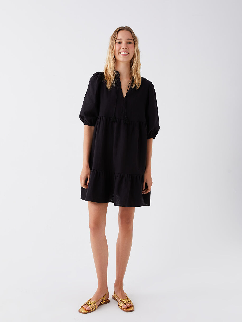 Tie Collar Plain Balloon Sleeve Women's Dress -S3KC01Z8-RQL