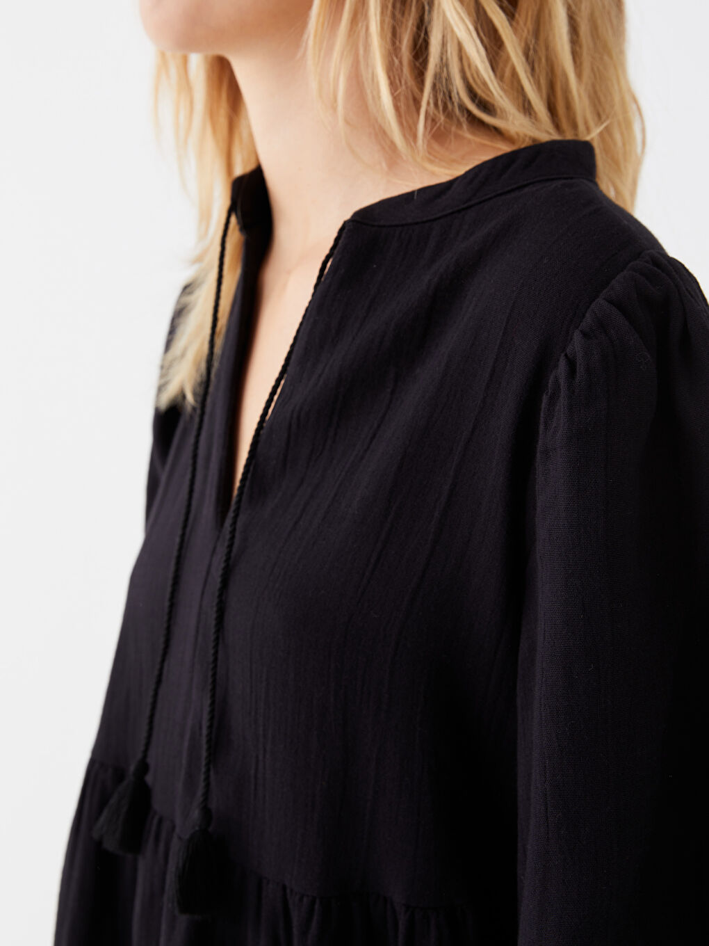 Tie Collar Plain Balloon Sleeve Women's Dress -S3KC01Z8-RQL