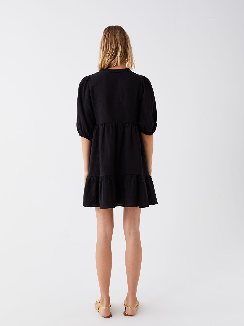 Tie Collar Plain Balloon Sleeve Women's Dress -S3KC01Z8-RQL