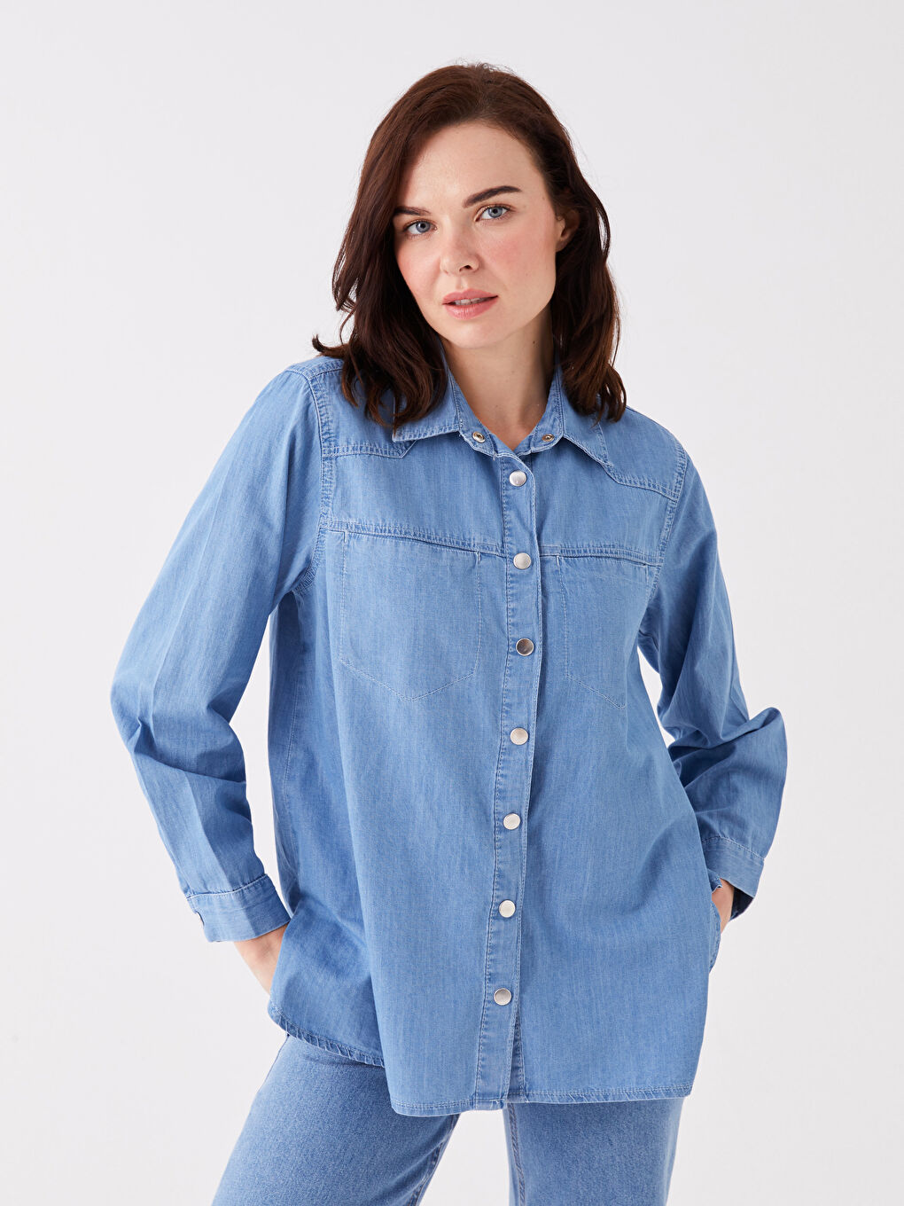 Bej Gömlek Yaka Düz Uzun Kollu Kadın Jean Tunik