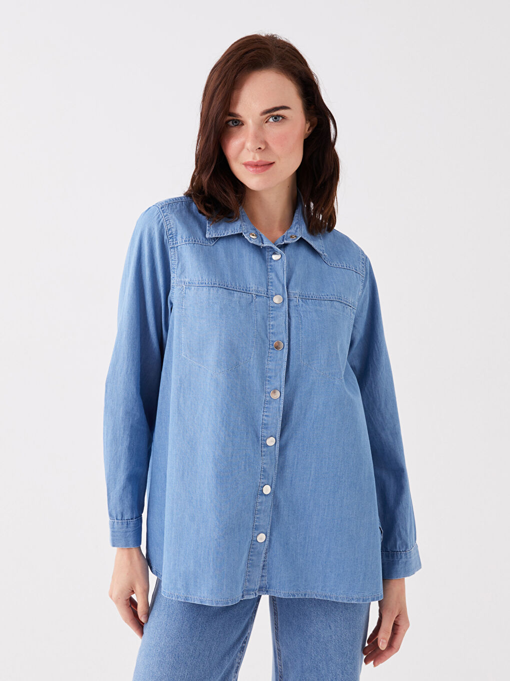 Bej Gömlek Yaka Düz Uzun Kollu Kadın Jean Tunik-1