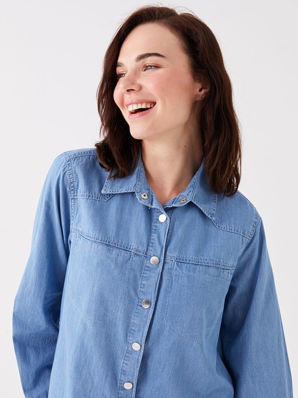 Bej Gömlek Yaka Düz Uzun Kollu Kadın Jean Tunik-2