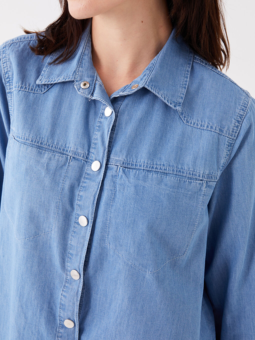 Bej Gömlek Yaka Düz Uzun Kollu Kadın Jean Tunik-3