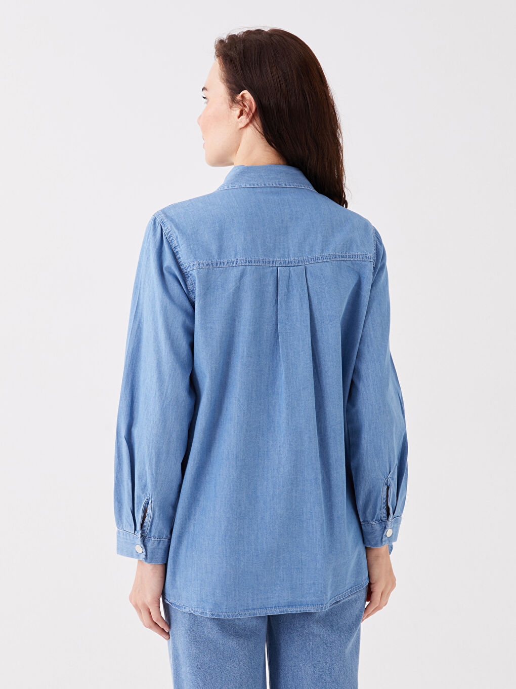 Bej Gömlek Yaka Düz Uzun Kollu Kadın Jean Tunik-4