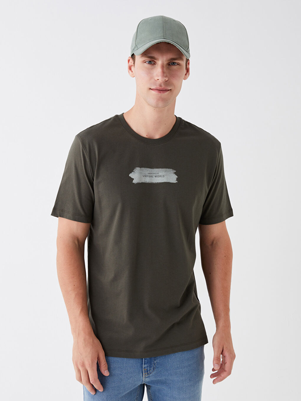 Haki Bisiklet Yaka Kısa Kollu Baskılı Penye Erkek Tişört