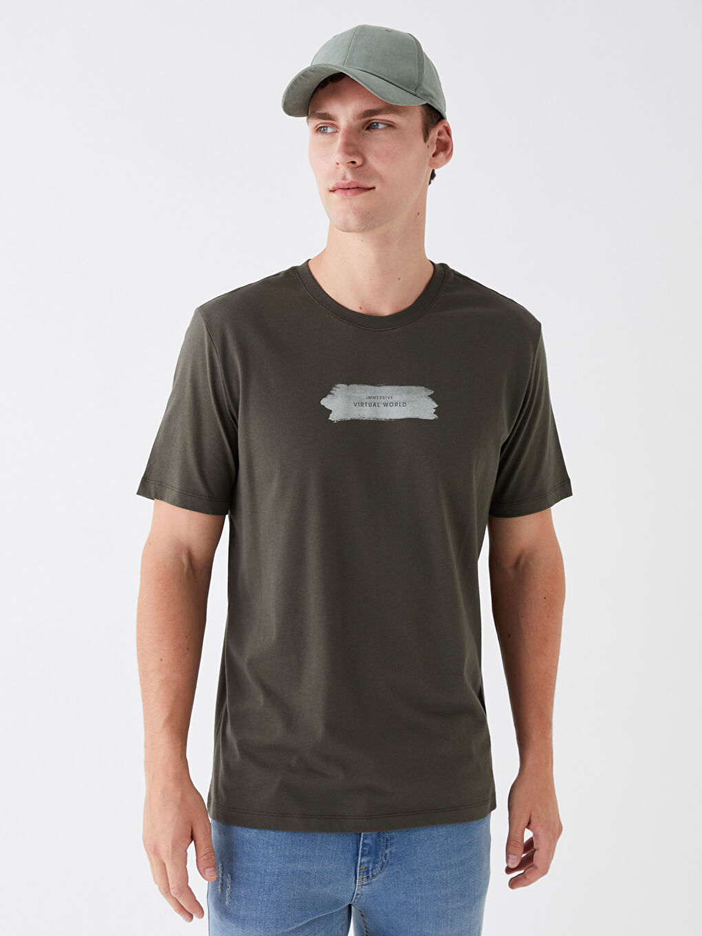 Haki Bisiklet Yaka Kısa Kollu Baskılı Penye Erkek Tişört-1