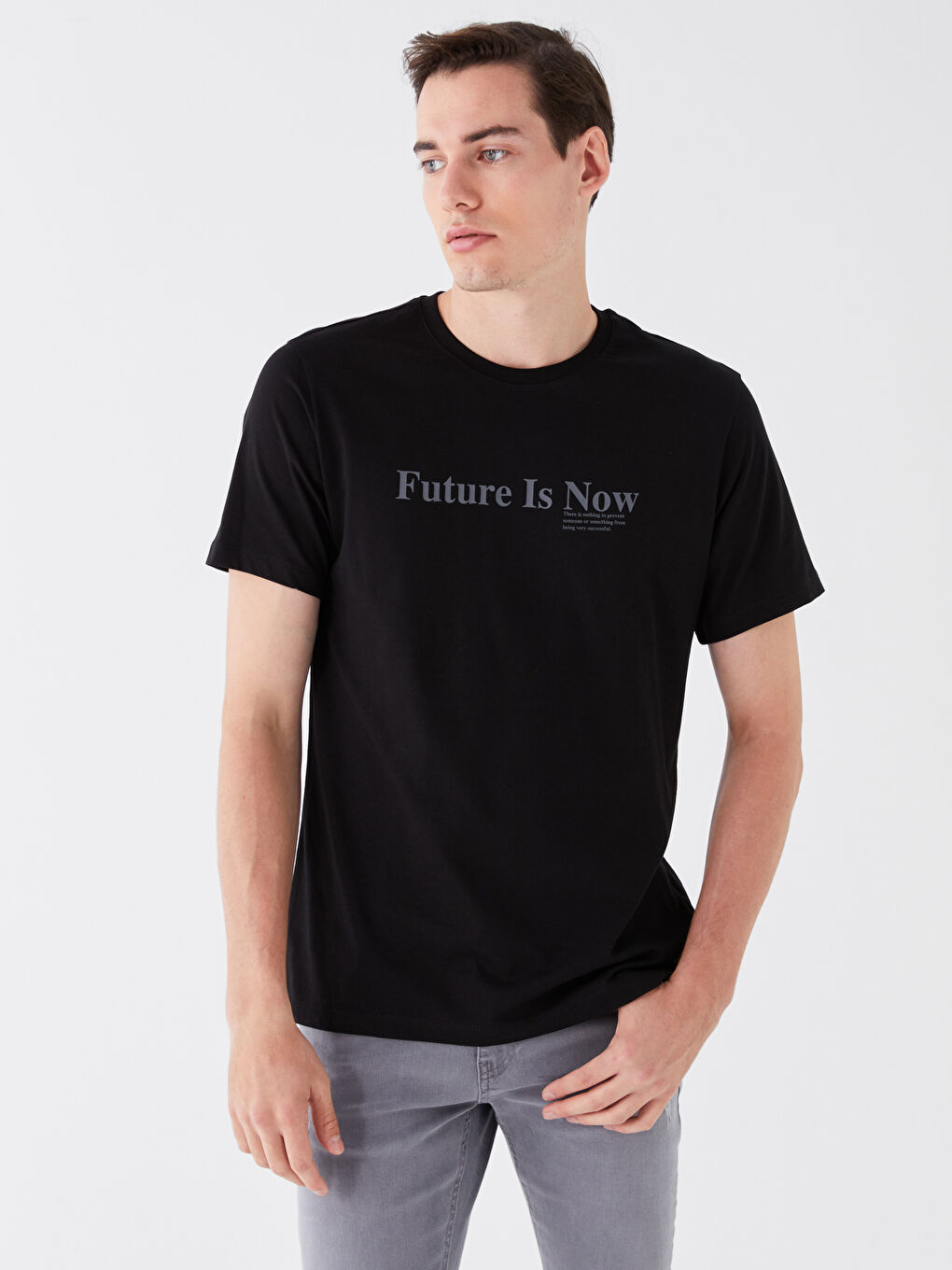 Siyah Bisiklet Yaka Kısa Kollu Baskılı Penye Erkek Tişört