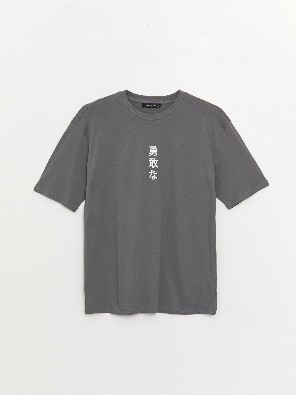 Gri Bisiklet Yaka Baskılı Kısa Kollu Oversize Kadın Tişört-5