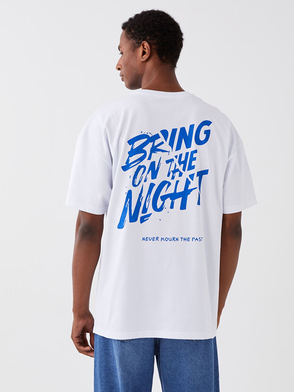 Beyaz Bisiklet Yaka Kısa Kollu Baskılı Penye Erkek Tişört-4