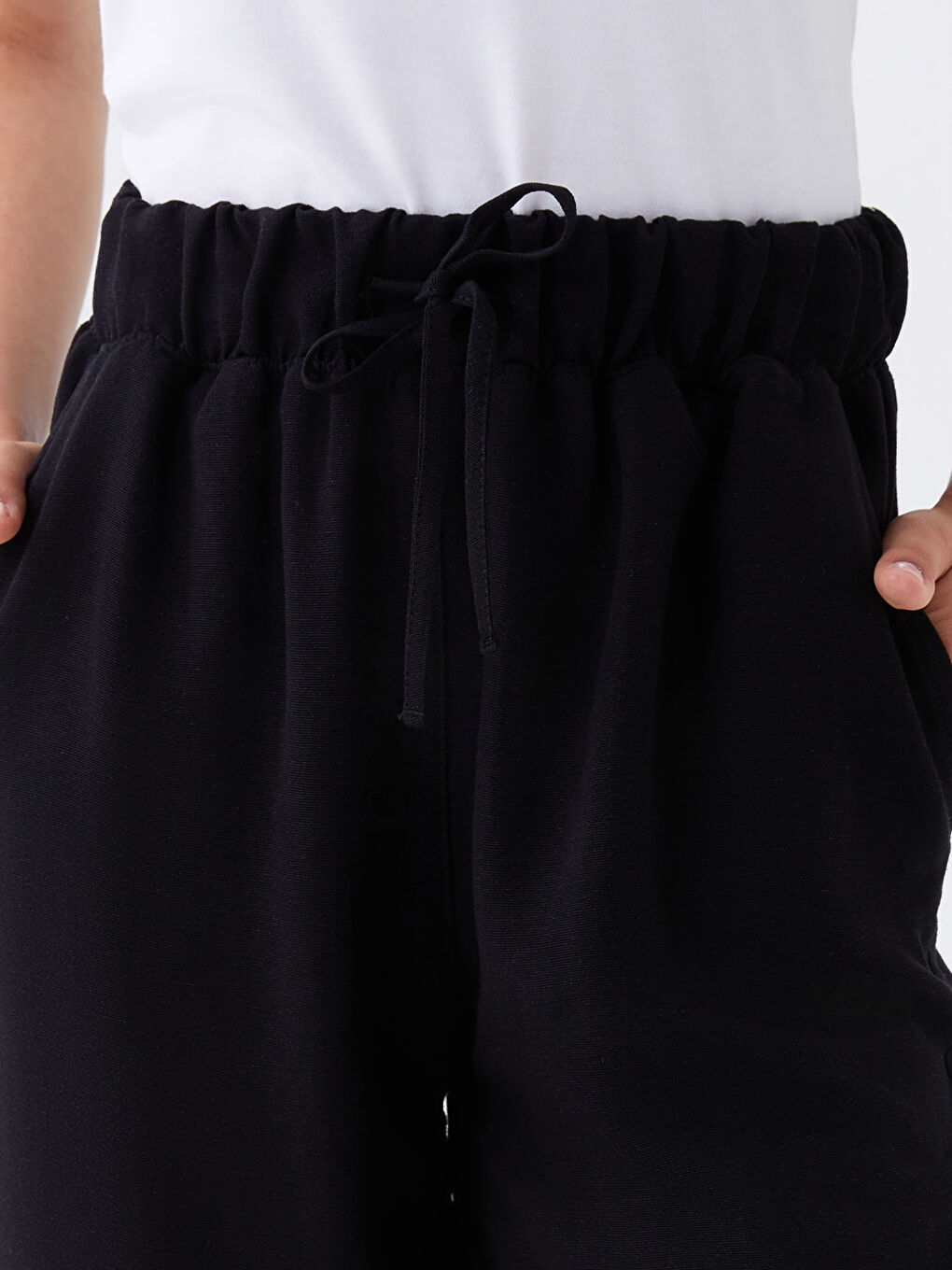 Siyah Beli Lastikli Düz Keten Karışımlı Kadın Pantolon-2