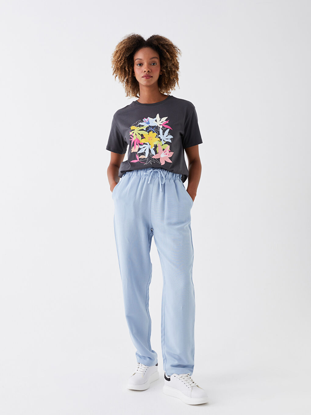 Mavi Beli Lastikli Düz Keten Karışımlı Kadın Pantolon