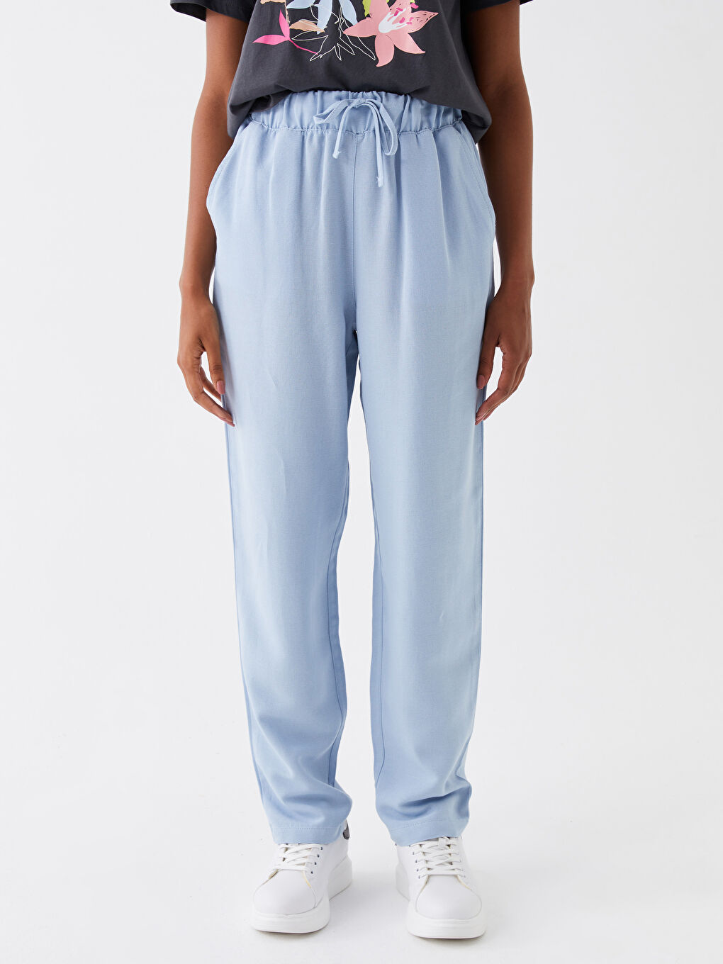 Mavi Beli Lastikli Düz Keten Karışımlı Kadın Pantolon-3