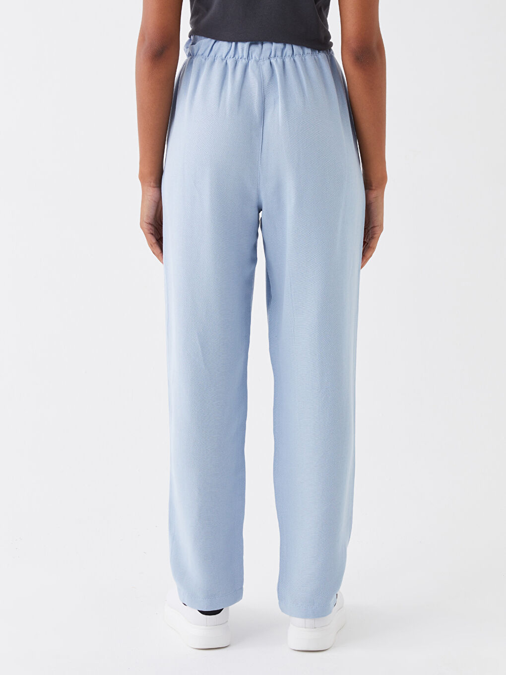 Mavi Beli Lastikli Düz Keten Karışımlı Kadın Pantolon-4