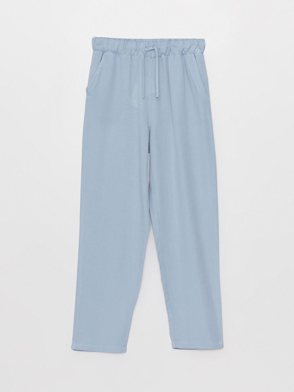 Mavi Beli Lastikli Düz Keten Karışımlı Kadın Pantolon-5