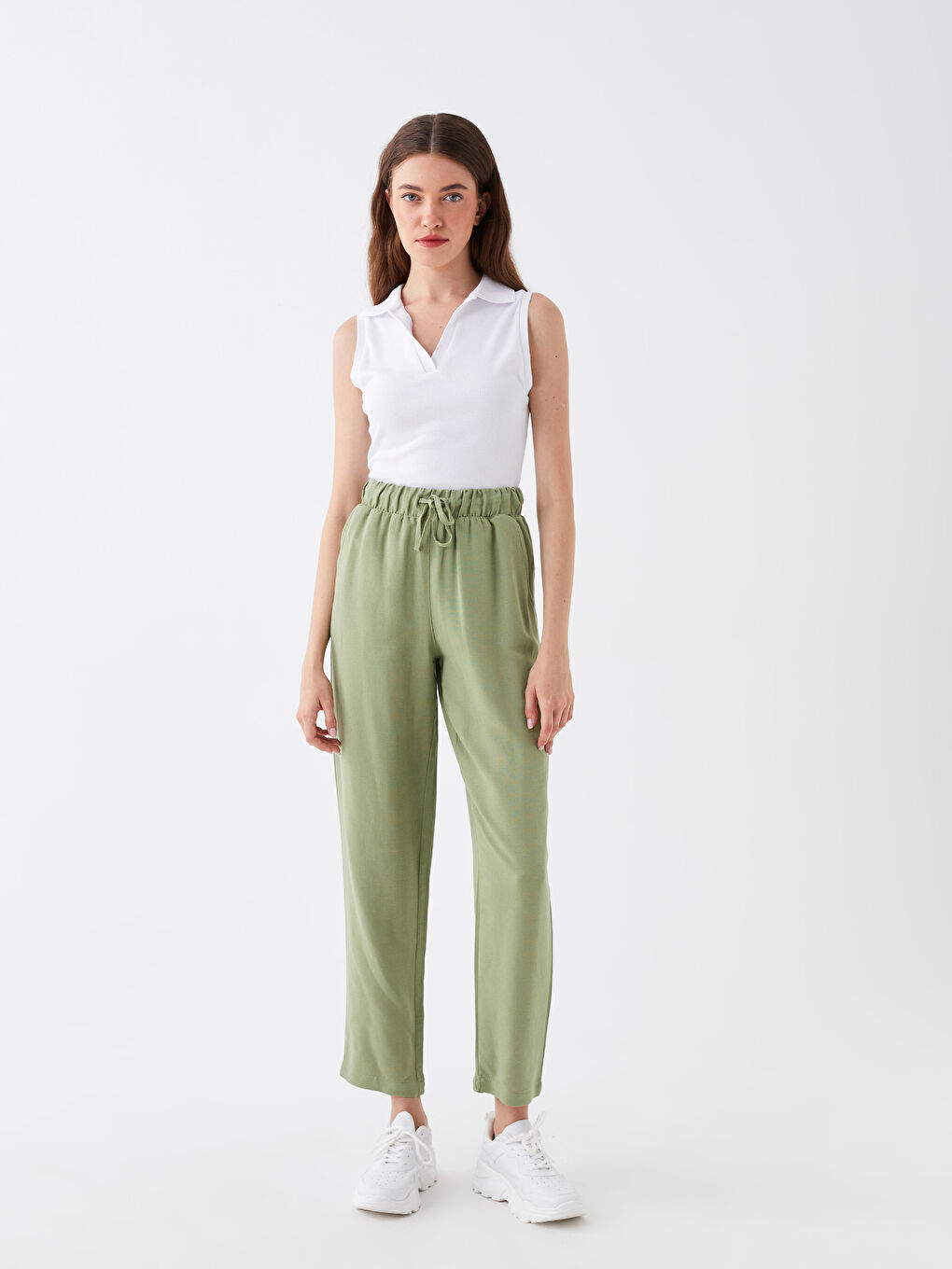 Yeşil Beli Lastikli Düz Keten Karışımlı Kadın Pantolon