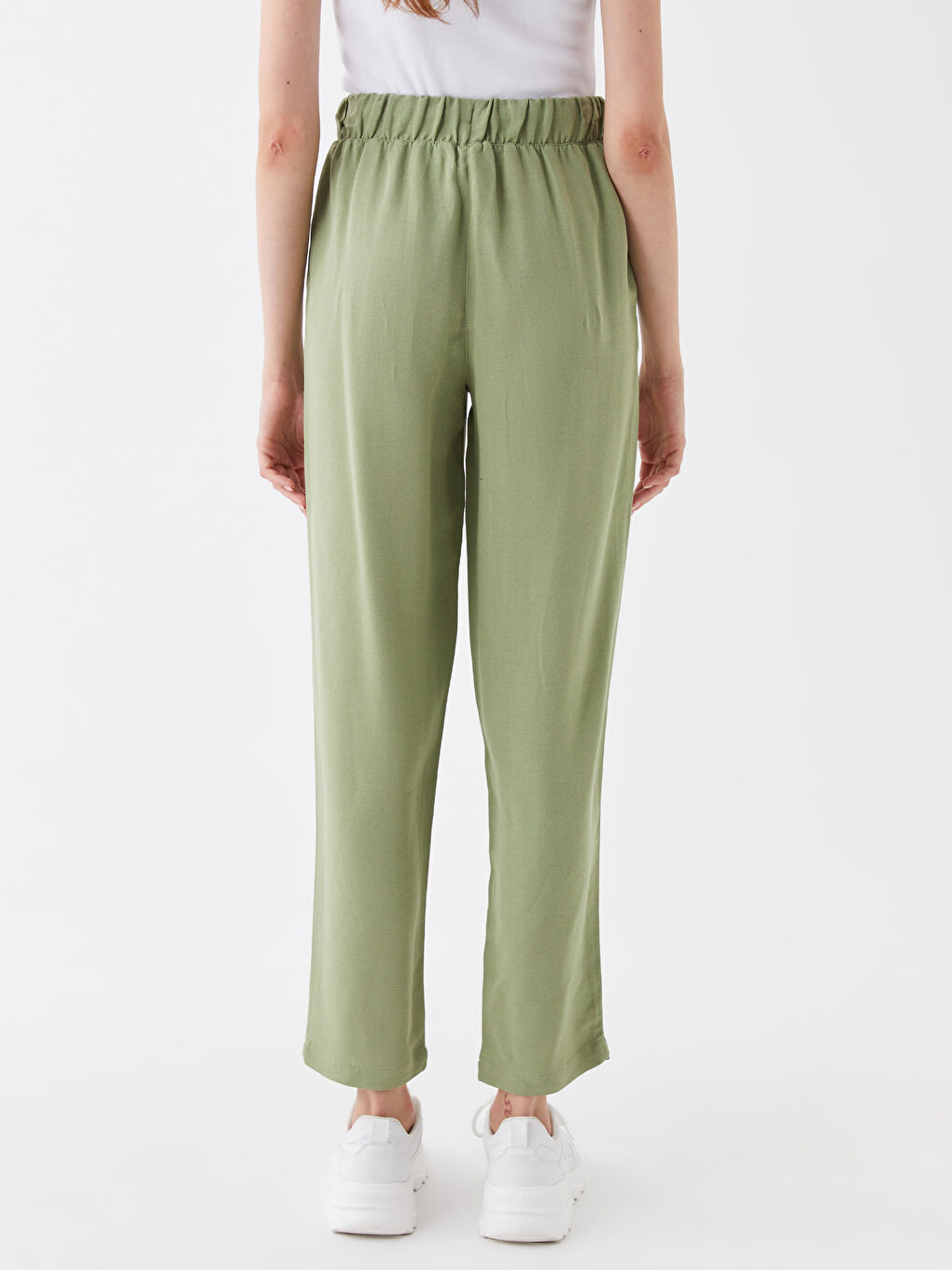 Yeşil Beli Lastikli Düz Keten Karışımlı Kadın Pantolon-4
