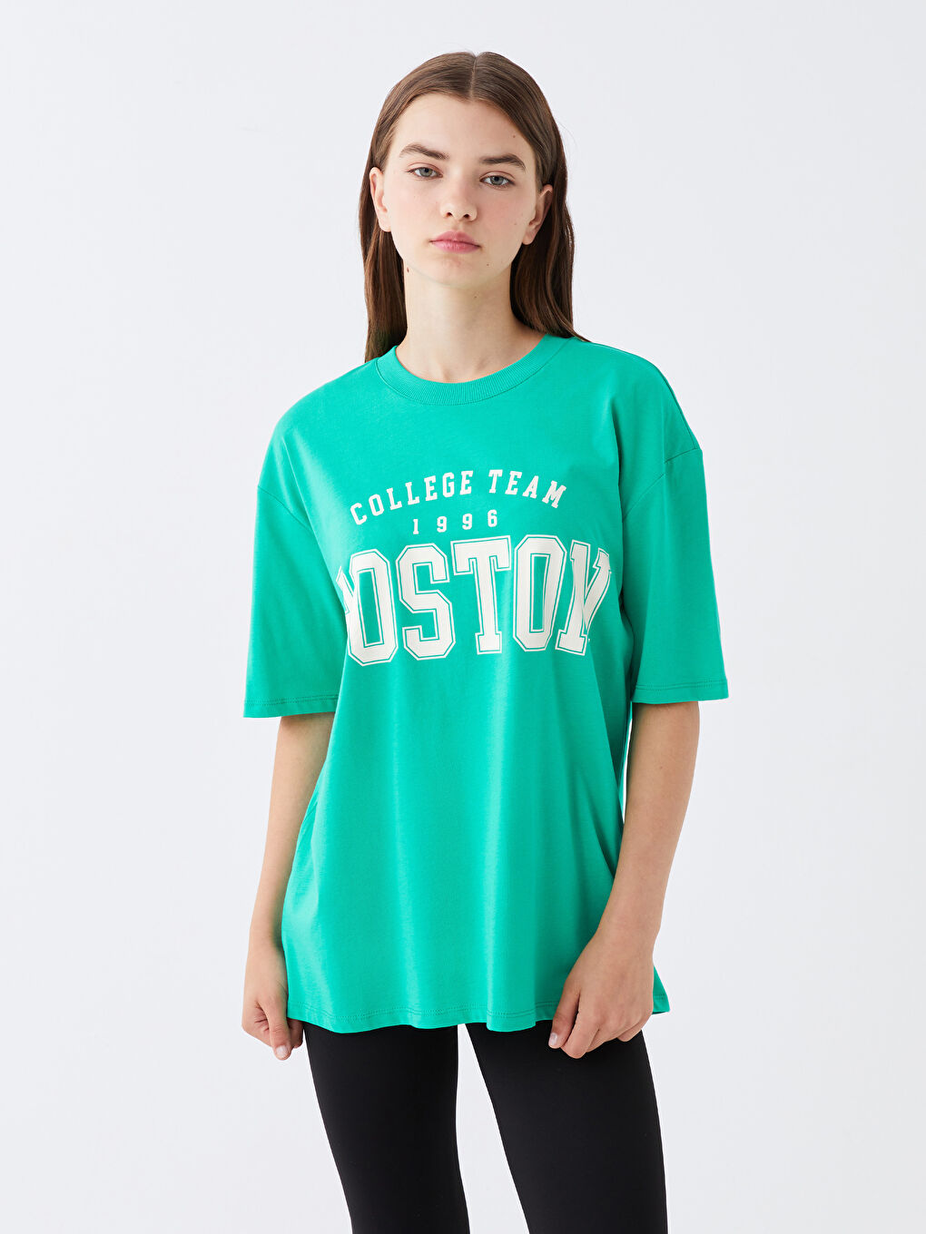 Yeşil Bisiklet Yaka Baskılı Kısa Kollu Oversize Kadın Tişört