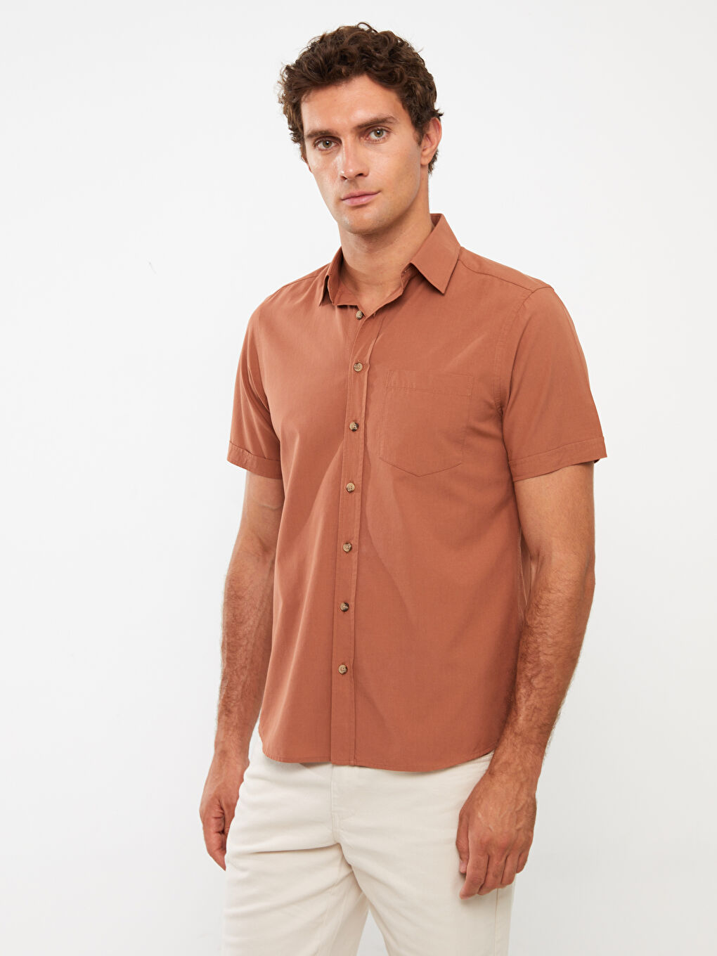 Kahverengi Regular Fit Kısa Kollu Erkek Gömlek-2