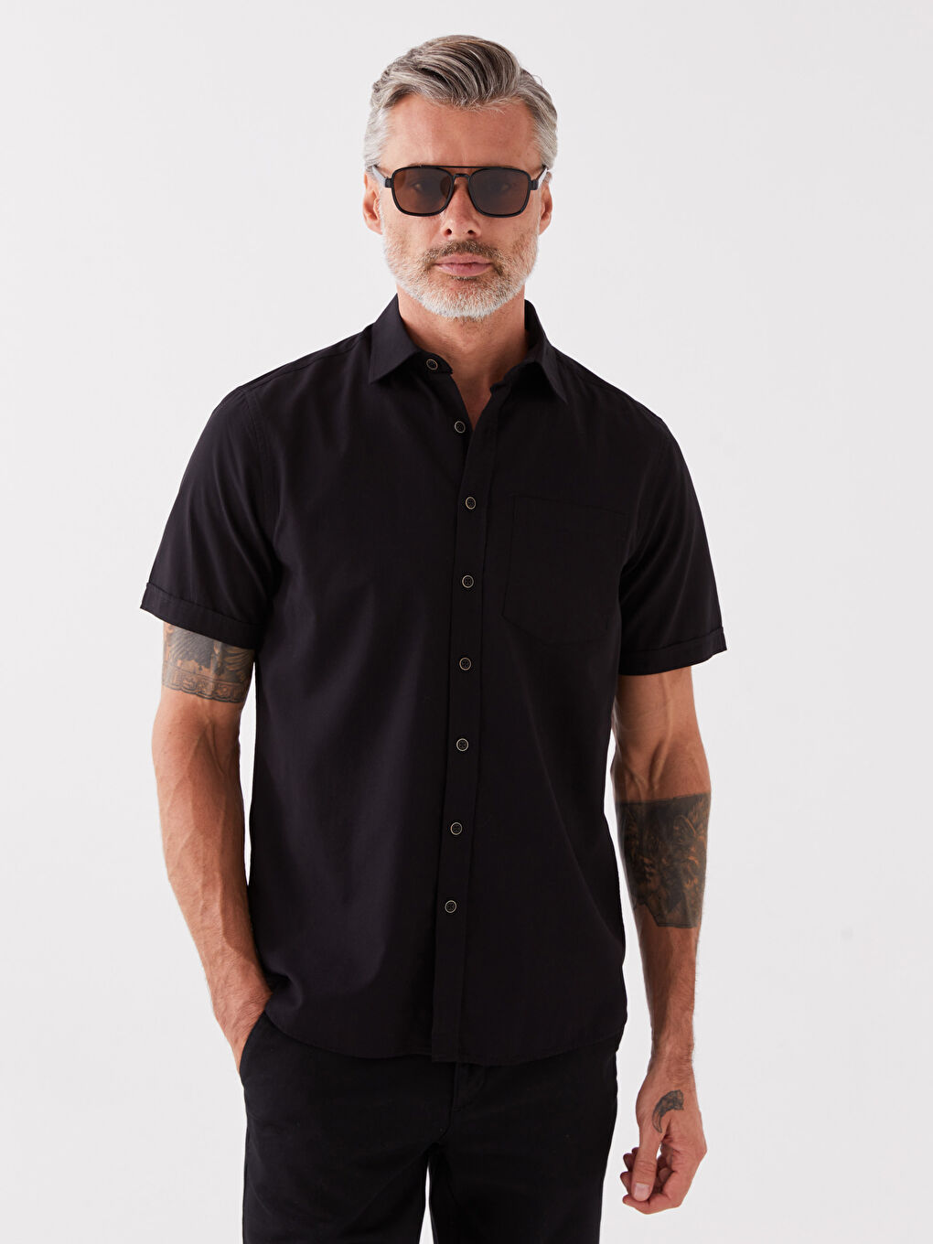 Siyah Regular Fit Kısa Kollu Erkek Gömlek-1