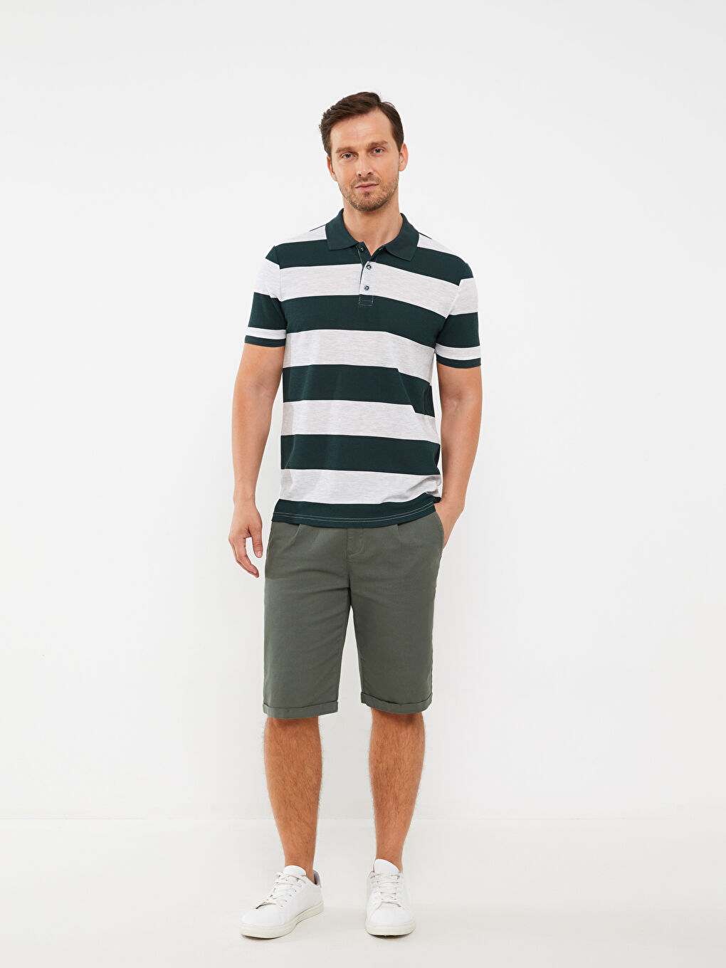 Yeşil Polo Yaka Kısa Kollu Çizgili Erkek Tişört-2