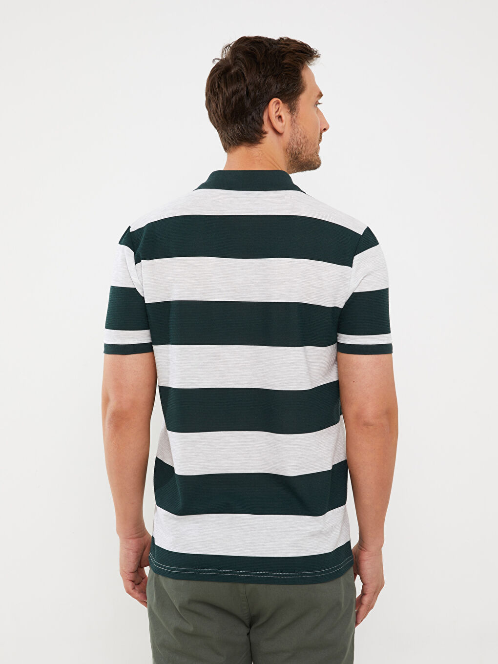 Yeşil Polo Yaka Kısa Kollu Çizgili Erkek Tişört-4