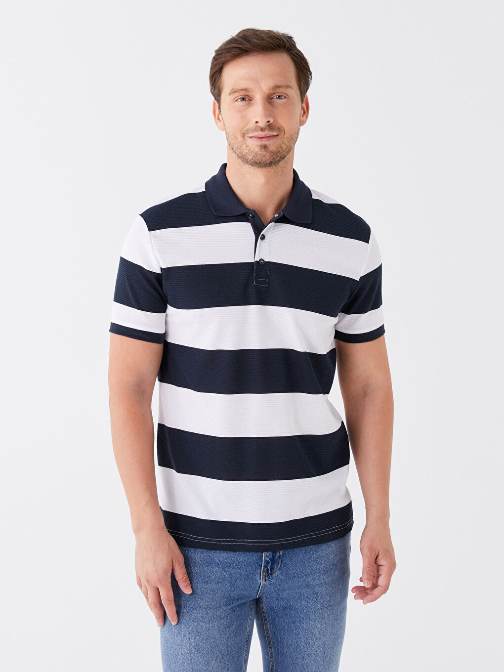 Lacivert Polo Yaka Kısa Kollu Çizgili Erkek Tişört