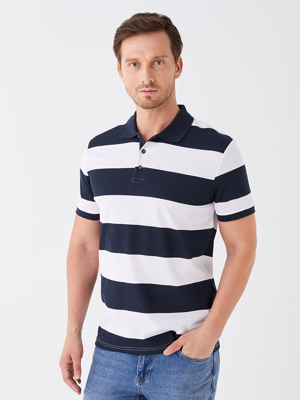 Lacivert Polo Yaka Kısa Kollu Çizgili Erkek Tişört-1