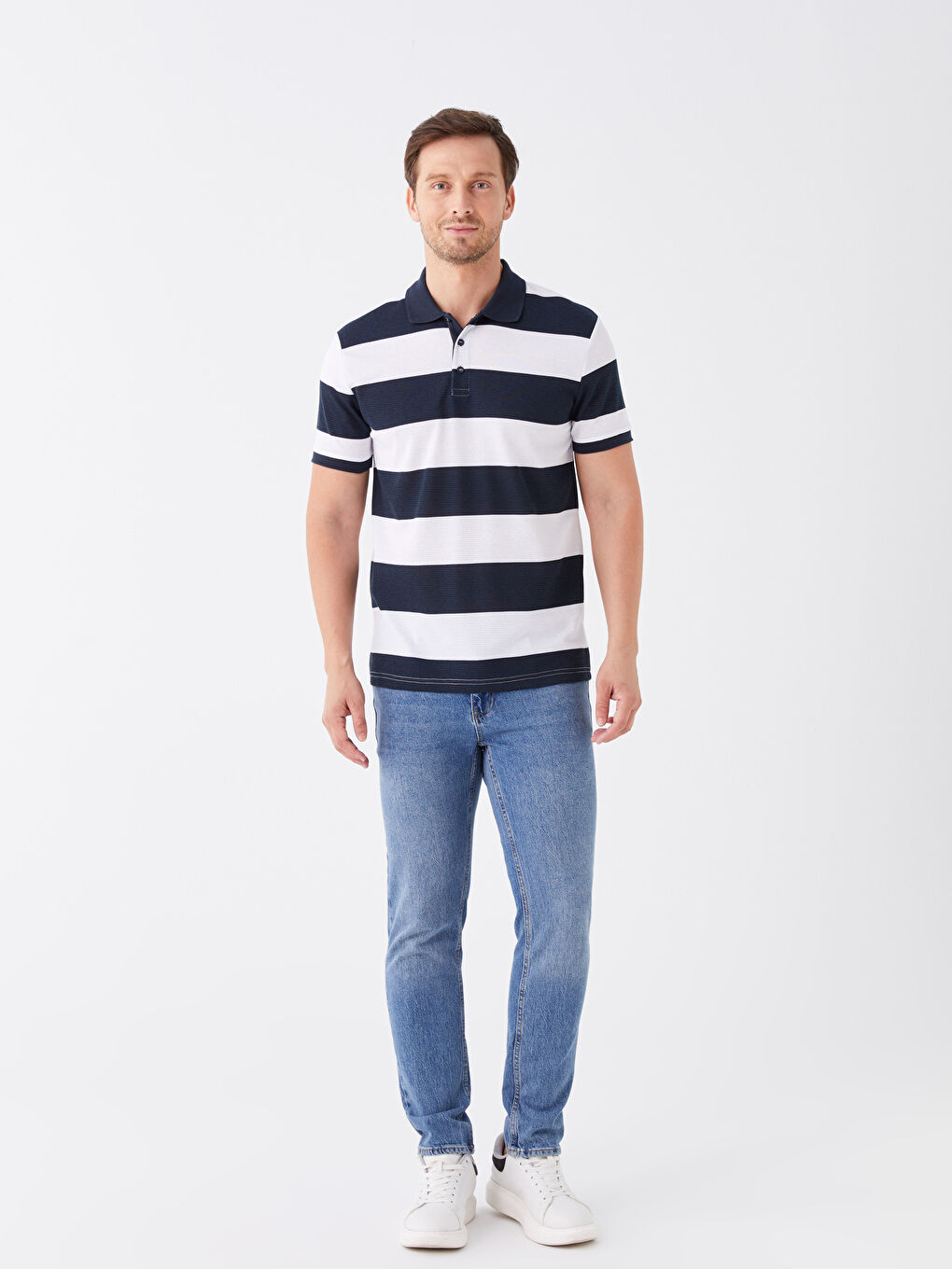 Lacivert Polo Yaka Kısa Kollu Çizgili Erkek Tişört-2