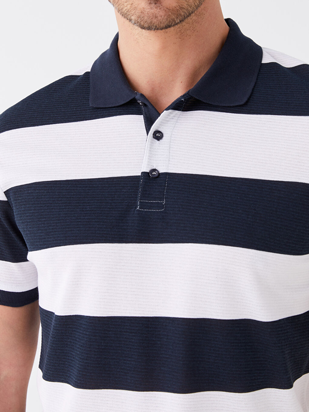 Lacivert Polo Yaka Kısa Kollu Çizgili Erkek Tişört-3