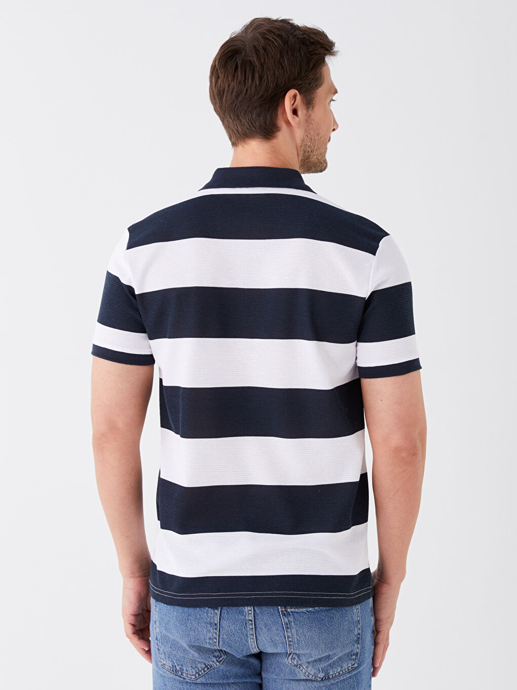 Lacivert Polo Yaka Kısa Kollu Çizgili Erkek Tişört-4