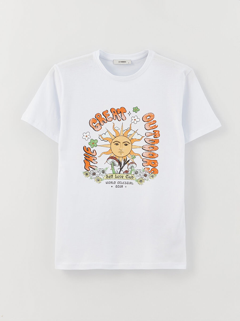 Beyaz Bisiklet Yaka Baskılı Kısa Kollu Kadın Tişört-10