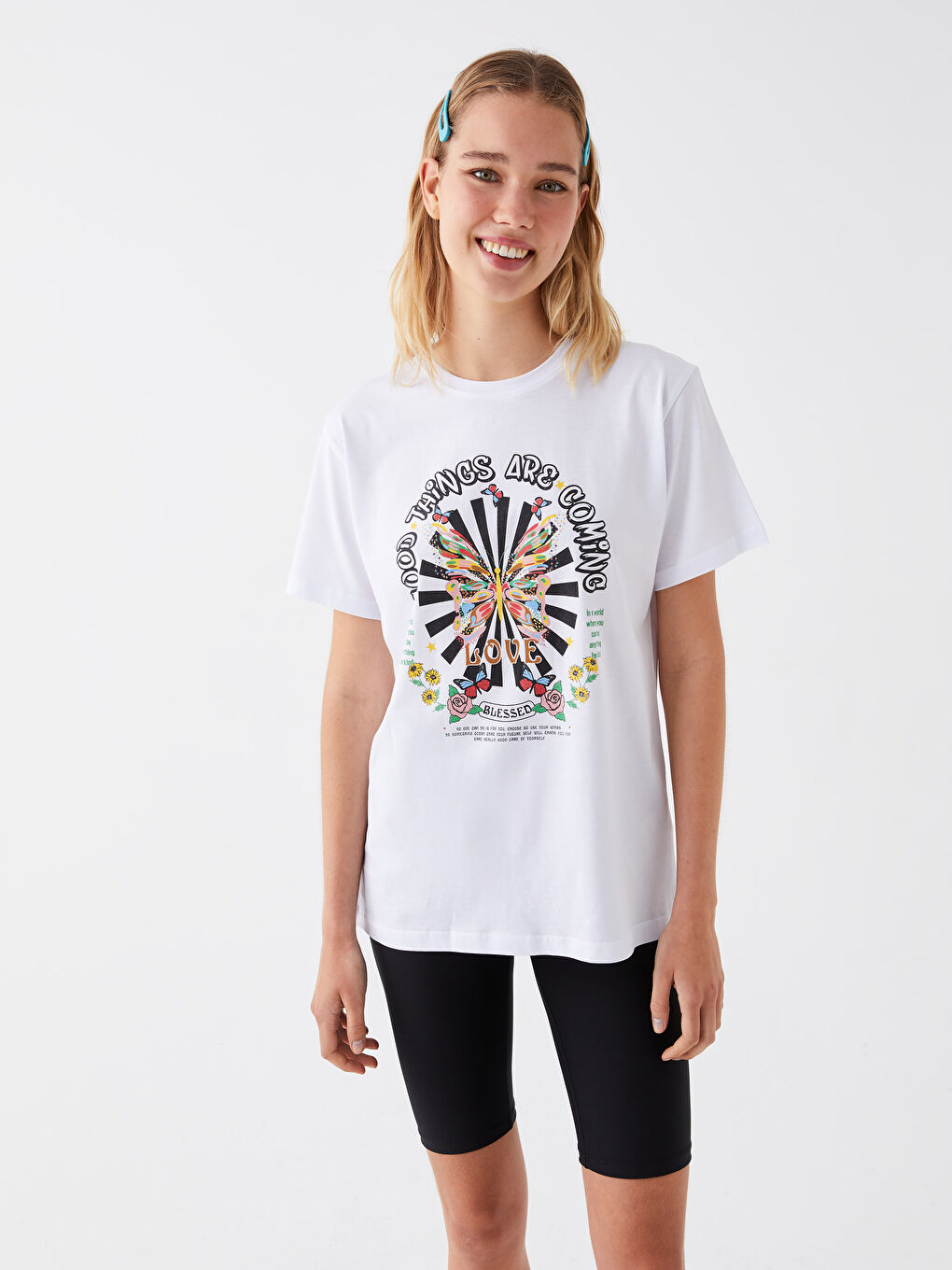 Beyaz Bisiklet Yaka Baskılı Kısa Kollu Kadın Tişört-2