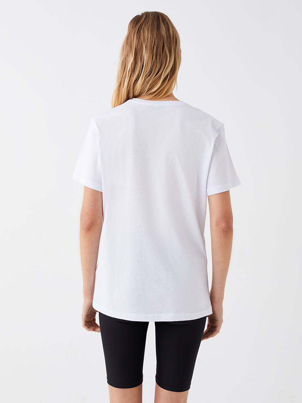Beyaz Bisiklet Yaka Baskılı Kısa Kollu Kadın Tişört-8