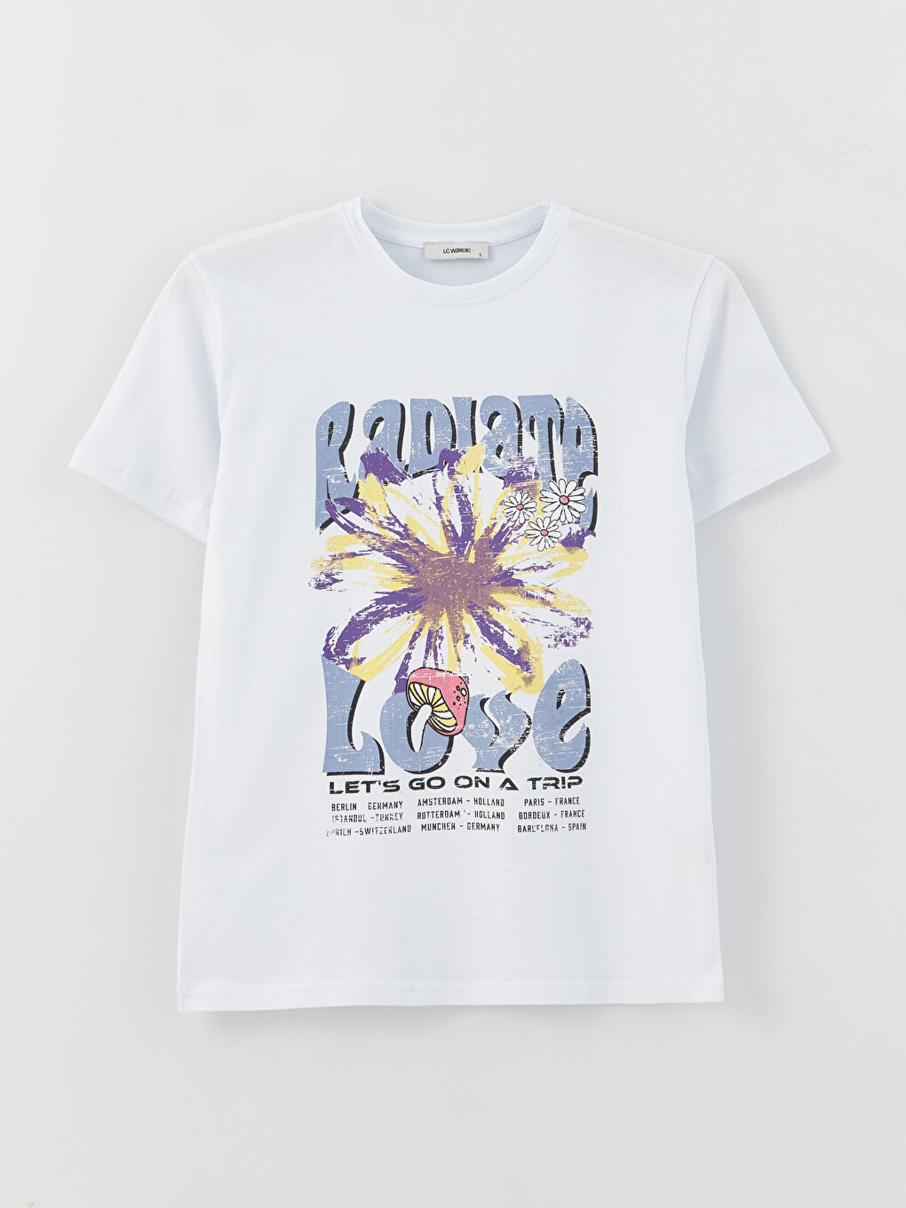 Beyaz Bisiklet Yaka Baskılı Kısa Kollu Kadın Tişört-10