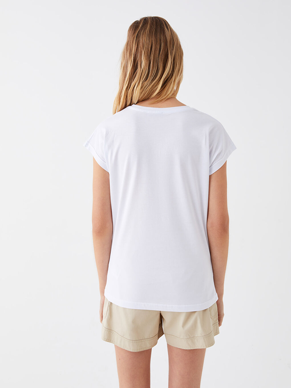 Beyaz Bisiklet Yaka Baskılı Kısa Kollu Kadın Tişört-8