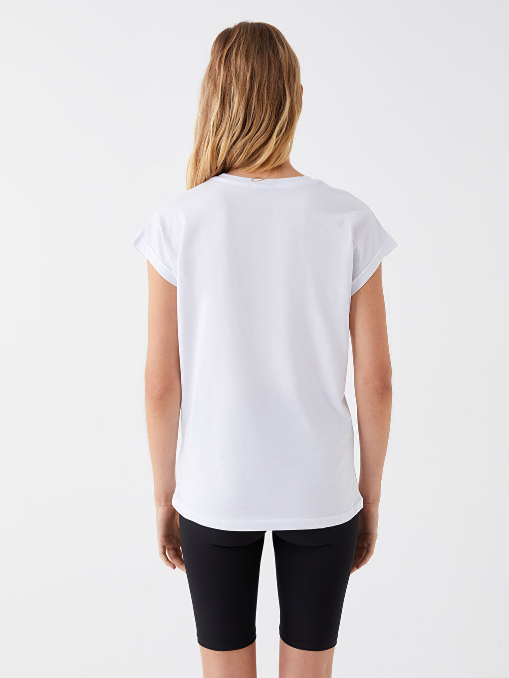 Beyaz Bisiklet Yaka Baskılı Kısa Kollu Kadın Tişört-8