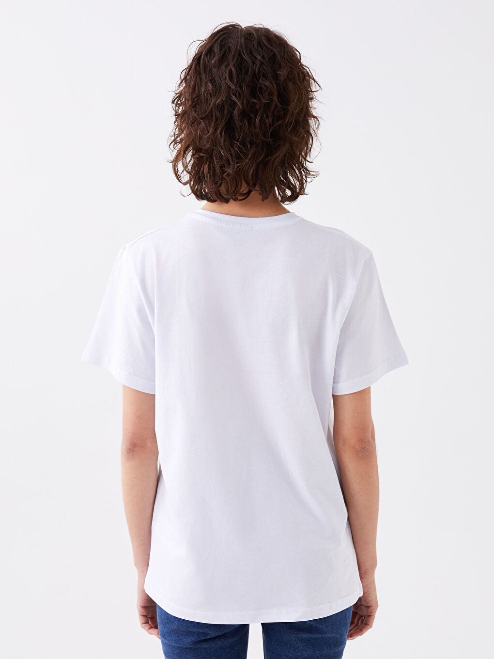 Beyaz Bisiklet Yaka Baskılı Kısa Kollu Kadın Tişört-9