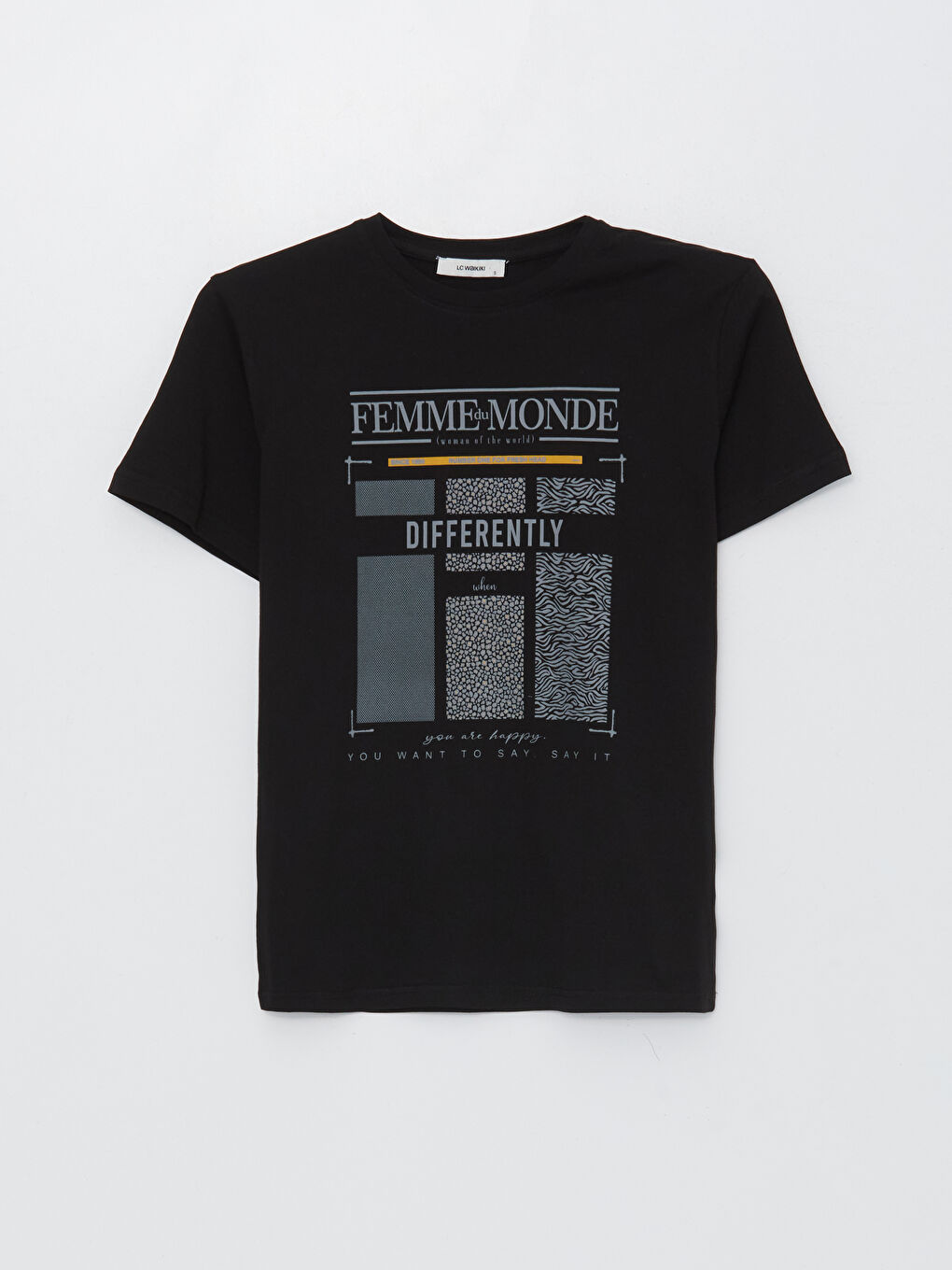 Siyah Bisiklet Yaka Baskılı Kısa Kollu Kadın Tişört-10