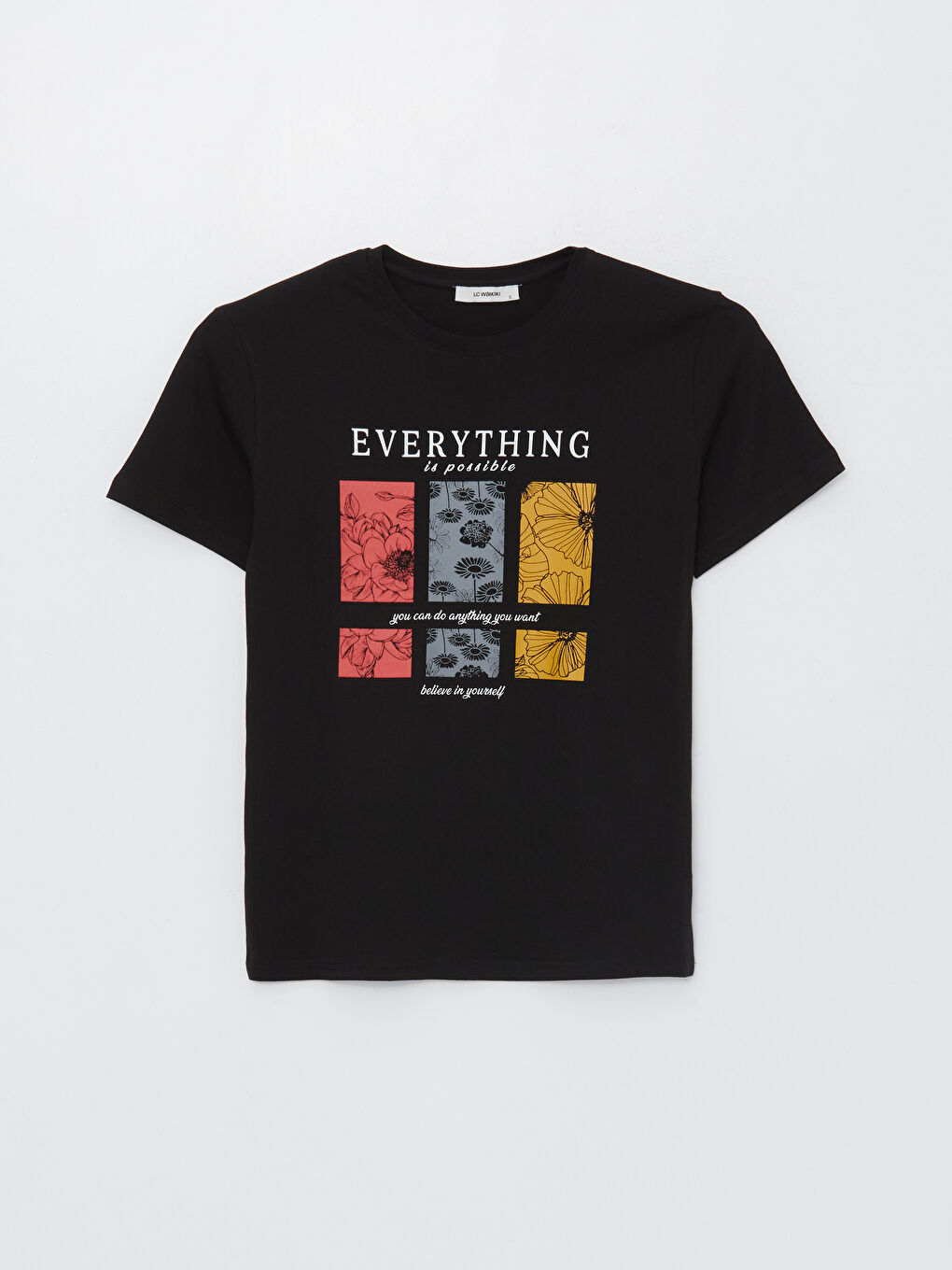 Siyah Bisiklet Yaka Baskılı Kısa Kollu Kadın Tişört-10