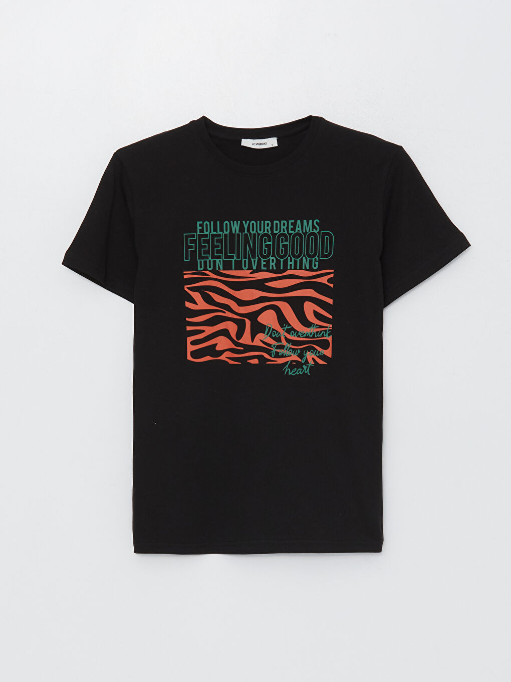 Siyah Bisiklet Yaka Baskılı Kısa Kollu Kadın Tişört-5