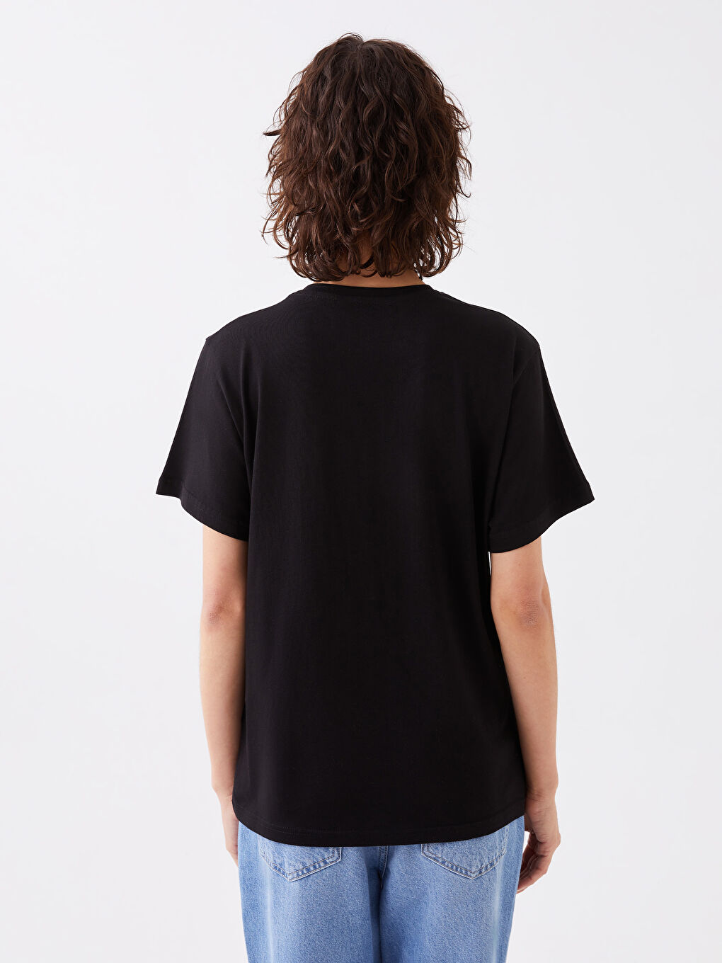 Siyah Bisiklet Yaka Baskılı Kısa Kollu Kadın Tişört-9